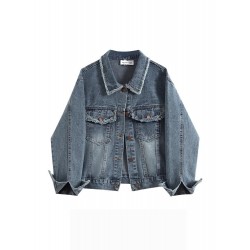 Collar Denim Jacket For Women Ltblue Retro Winter Coat S-2XL 