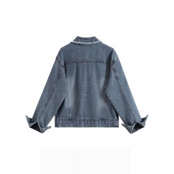 Collar Denim Jacket For Women Ltblue Retro Winter Coat S-2XL 