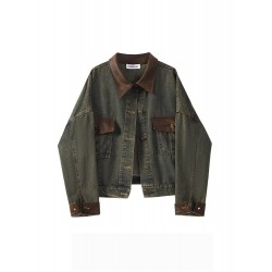 Collar Denim Jacket For WomenMen Brown Green Short Winter Coat S-2XL 