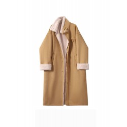 Retro Long Jacket For Women Brown White Winter Coat S-2XL 