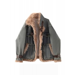 Winter Collar Denim Jacket For Women Ltblue Brown Thicken Coat S-XL 