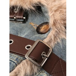 Winter Collar Denim Jacket For Women Ltblue Brown Thicken Coat S-XL 