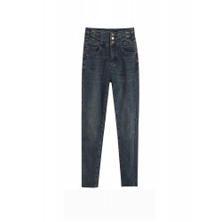 Winter High-Waisted Jeans Pants Deep Blue Trousers For Women S M L XL 