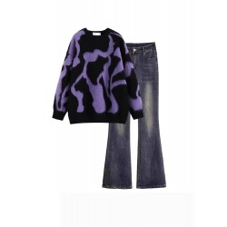 Winter Sweater Coat And Jeans Pants Deep Blue Trousers Outfit For Women S-XL 