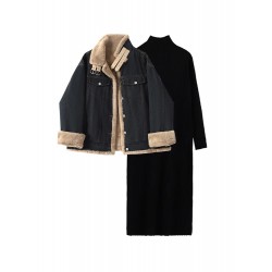 Womens Long Sleeve Black Coat And Black Dress Size M L XL XXL 