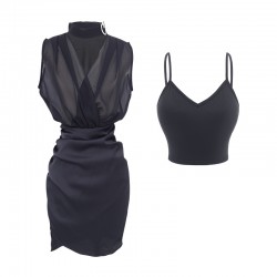 V-neck Satin Sleeveless Slim Hip Skirt