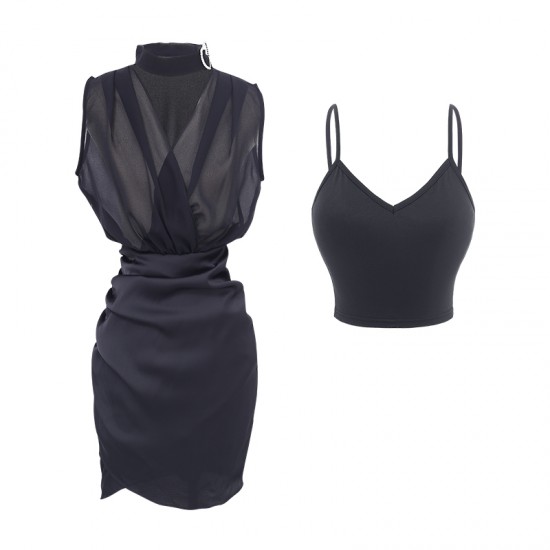 V-neck Satin Sleeveless Slim Hip Skirt